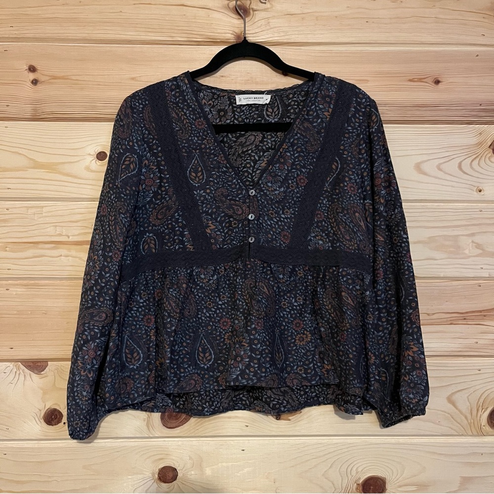 Lucky Brand Navy Paisley Peasant Blouse